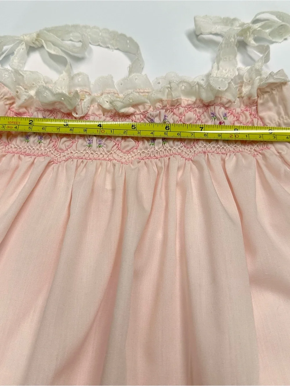 VTG Polly Flinders Girls Lt. Pink Smocked Summer Sundress 24M Lace Shoulder Ties